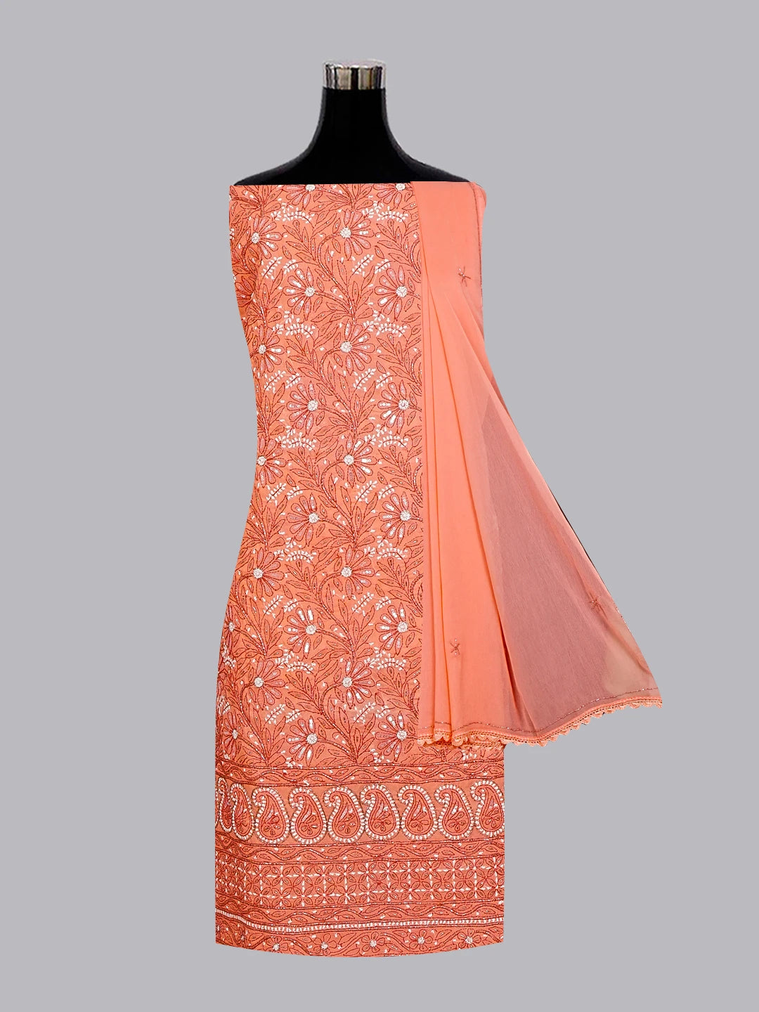 Ada Hand Embroidered Georgia Peach Cotton Lucknowi Chikankari Unstitched Suit Piece With Cutdana Work 01A305965