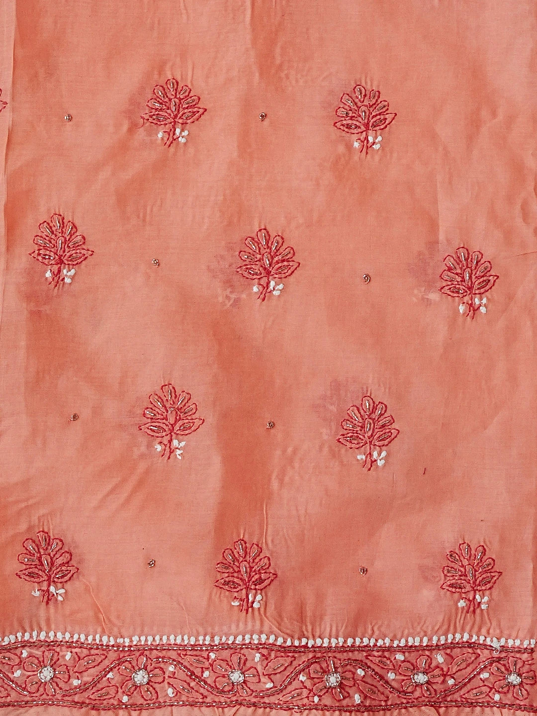 Ada Hand Embroidered Georgia Peach Cotton Lucknowi Chikankari Unstitched Suit Piece With Cutdana Work 01A305965