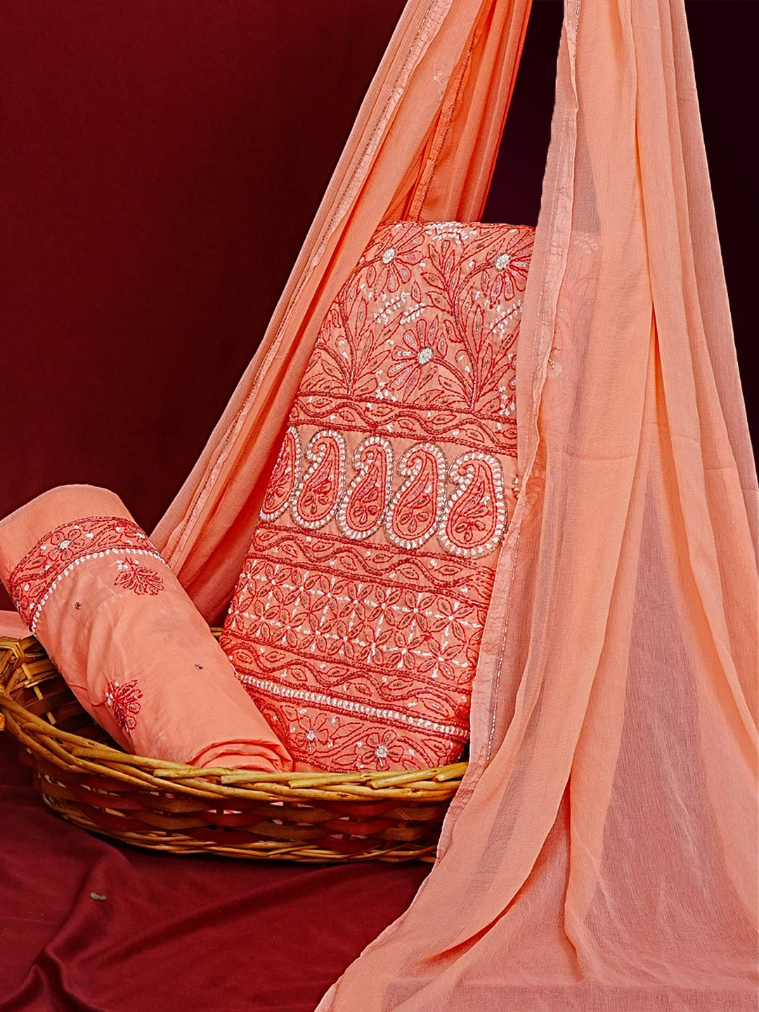 Ada Hand Embroidered Georgia Peach Cotton Lucknowi Chikankari Unstitched Suit Piece With Cutdana Work 01A305965