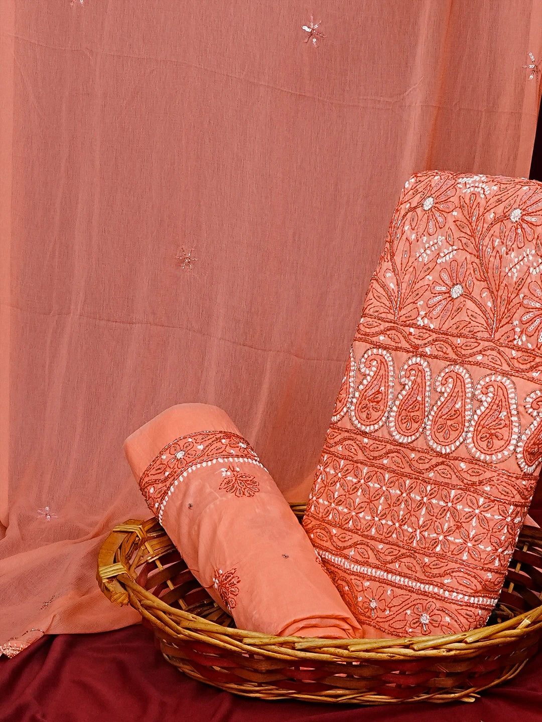 Ada Hand Embroidered Georgia Peach Cotton Lucknowi Chikankari Unstitched Suit Piece With Cutdana Work 01A305965