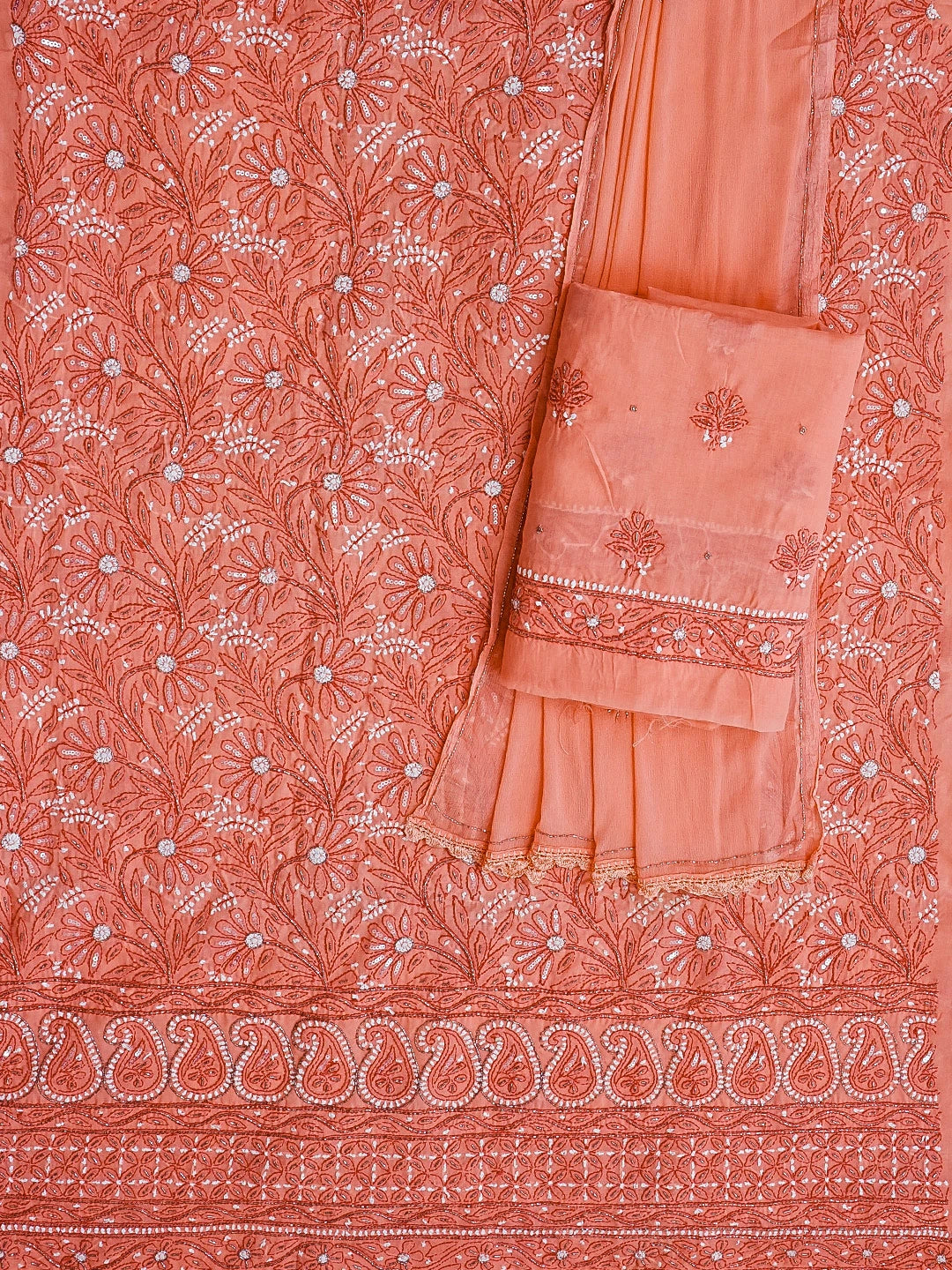 Ada Hand Embroidered Georgia Peach Cotton Lucknowi Chikankari Unstitched Suit Piece With Cutdana Work 01A305965