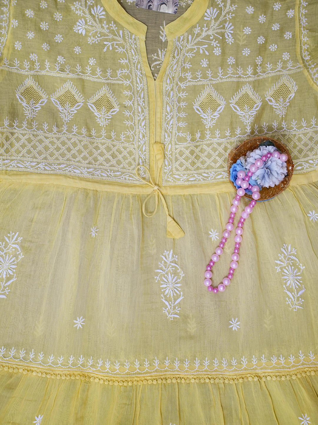 Ada Hand Embroidered Yellow Chanderi Lucknowi Chikankari Semi-Stitched Kurta Piece 01A489062