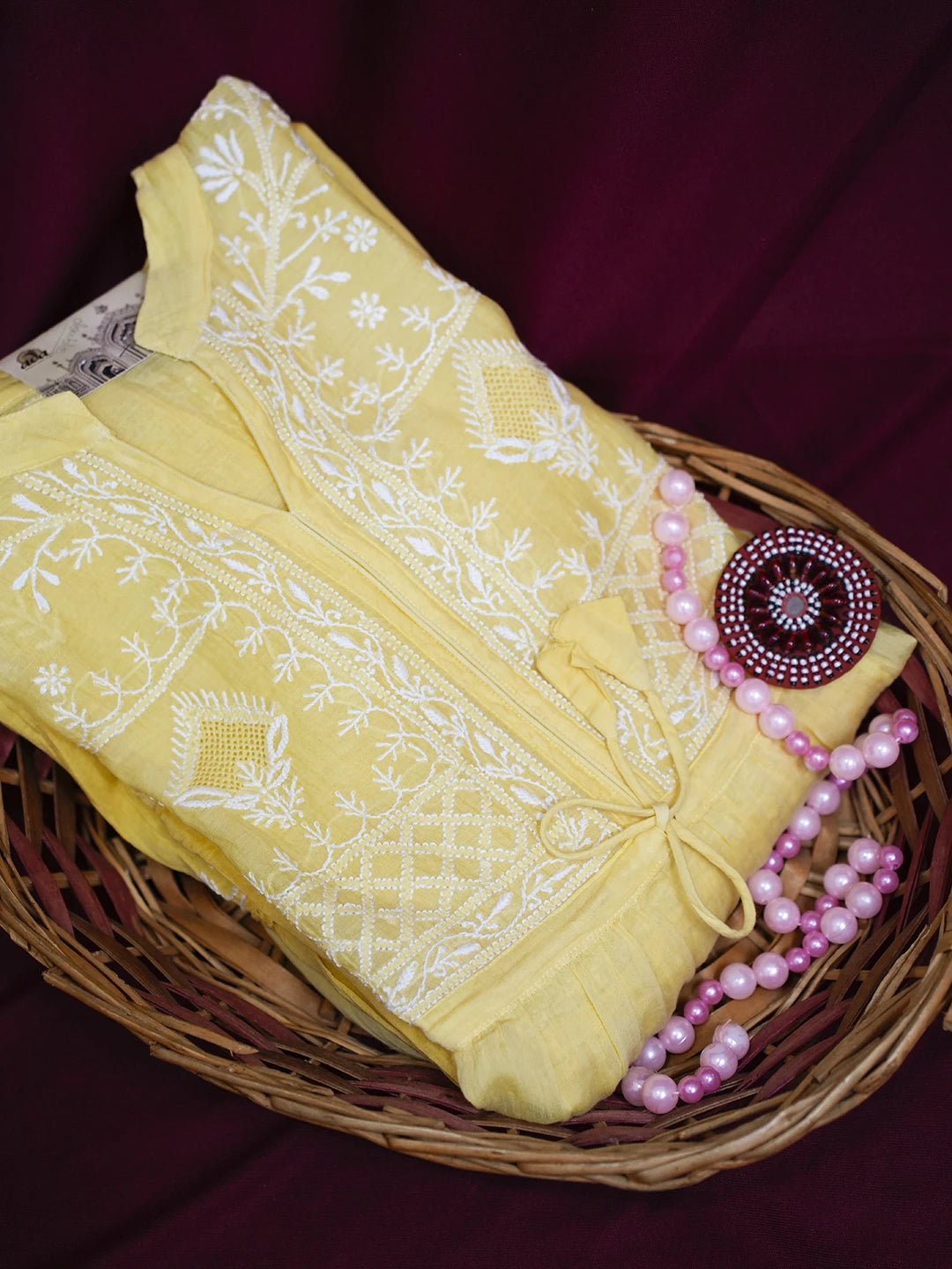 Ada Hand Embroidered Yellow Chanderi Lucknowi Chikankari Semi-Stitched Kurta Piece 01A489062