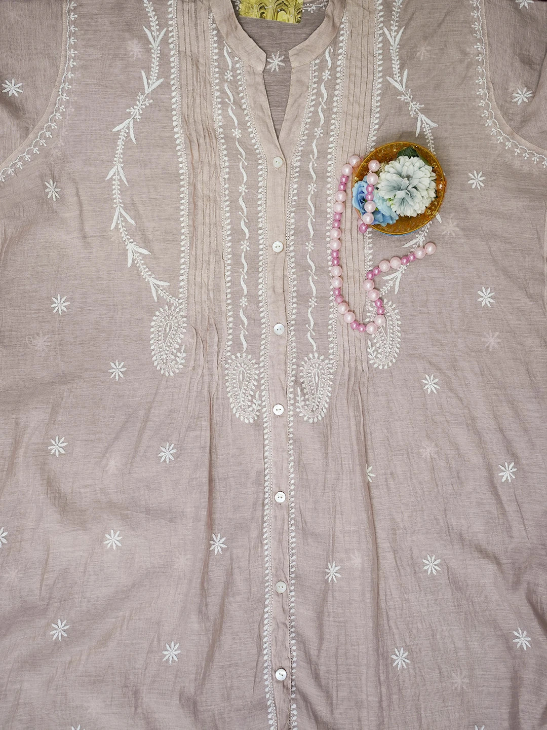 Ada Hand Embroidered Creamy Peach Chanderi Lucknowi Chikankari Semi-Stitched Kurta Piece 01A511558