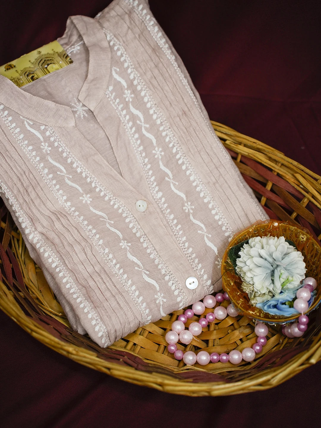 Ada Hand Embroidered Creamy Peach Chanderi Lucknowi Chikankari Semi-Stitched Kurta Piece 01A511558