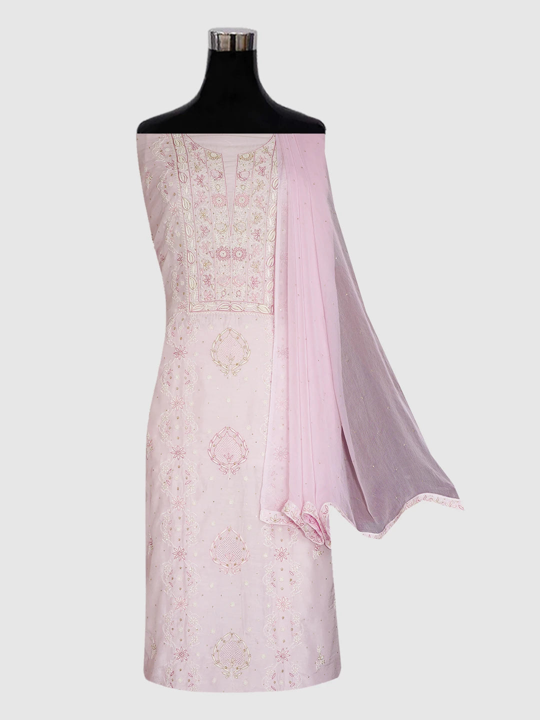Ada Hand Embroidered Pink Maslin Lucknowi Chikankari Unstitched Suit Piece With Cutdana Work 01A452797