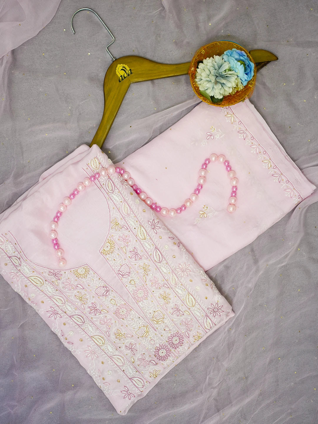 Ada Hand Embroidered Pink Maslin Lucknowi Chikankari Unstitched Suit Piece With Cutdana Work 01A452797