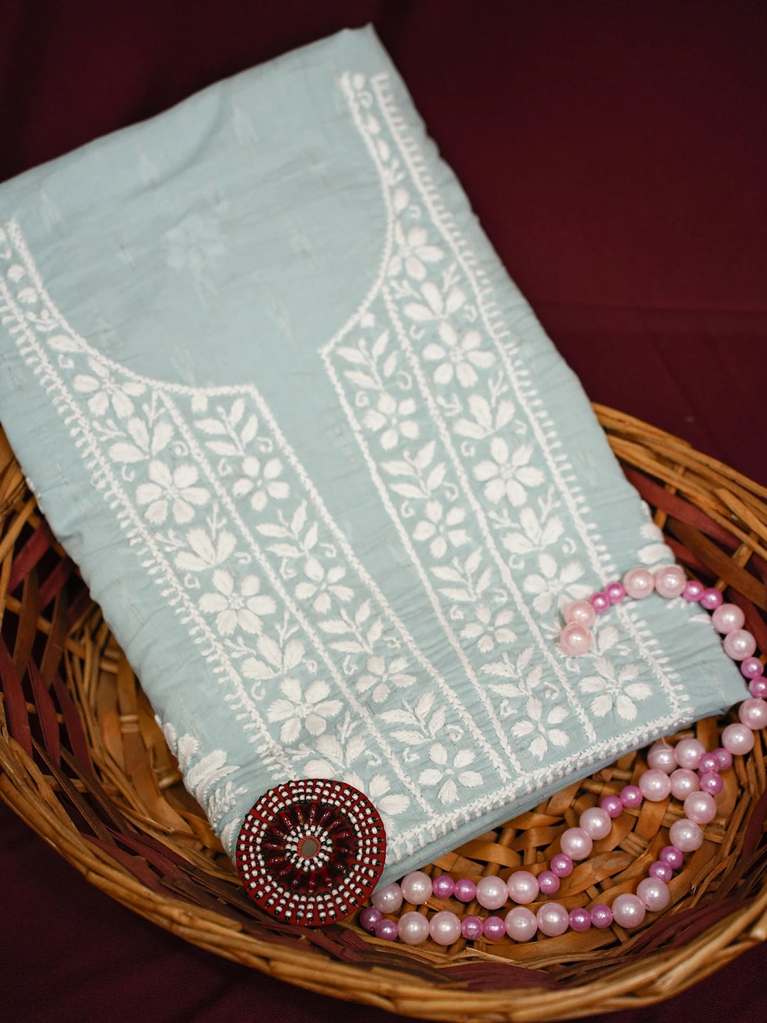 Ada Hand Embroidered Teal Green Cotton Lucknowi Chikankari Unstitched Kurta Piece 01A535389