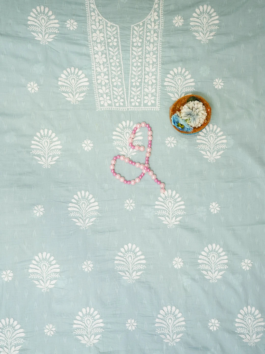 Ada Hand Embroidered Teal Green Cotton Lucknowi Chikankari Unstitched Kurta Piece 01A535389