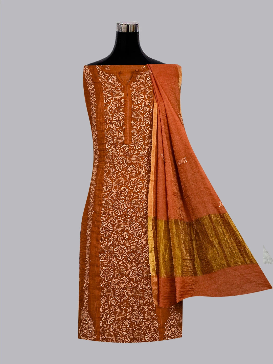 Ada Hand Embroidered Rust Tissue Lucknowi Chikankari Semi-stitched Kurta Dupatta Set 01A447098