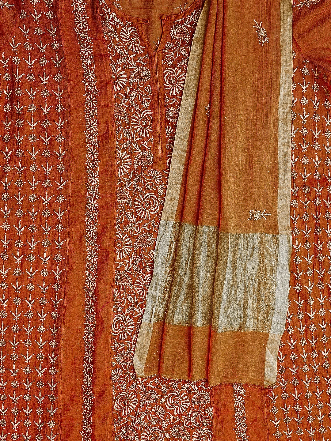 Ada Hand Embroidered Rust Tissue Lucknowi Chikankari Semi-stitched Kurta Dupatta Set 01A447098