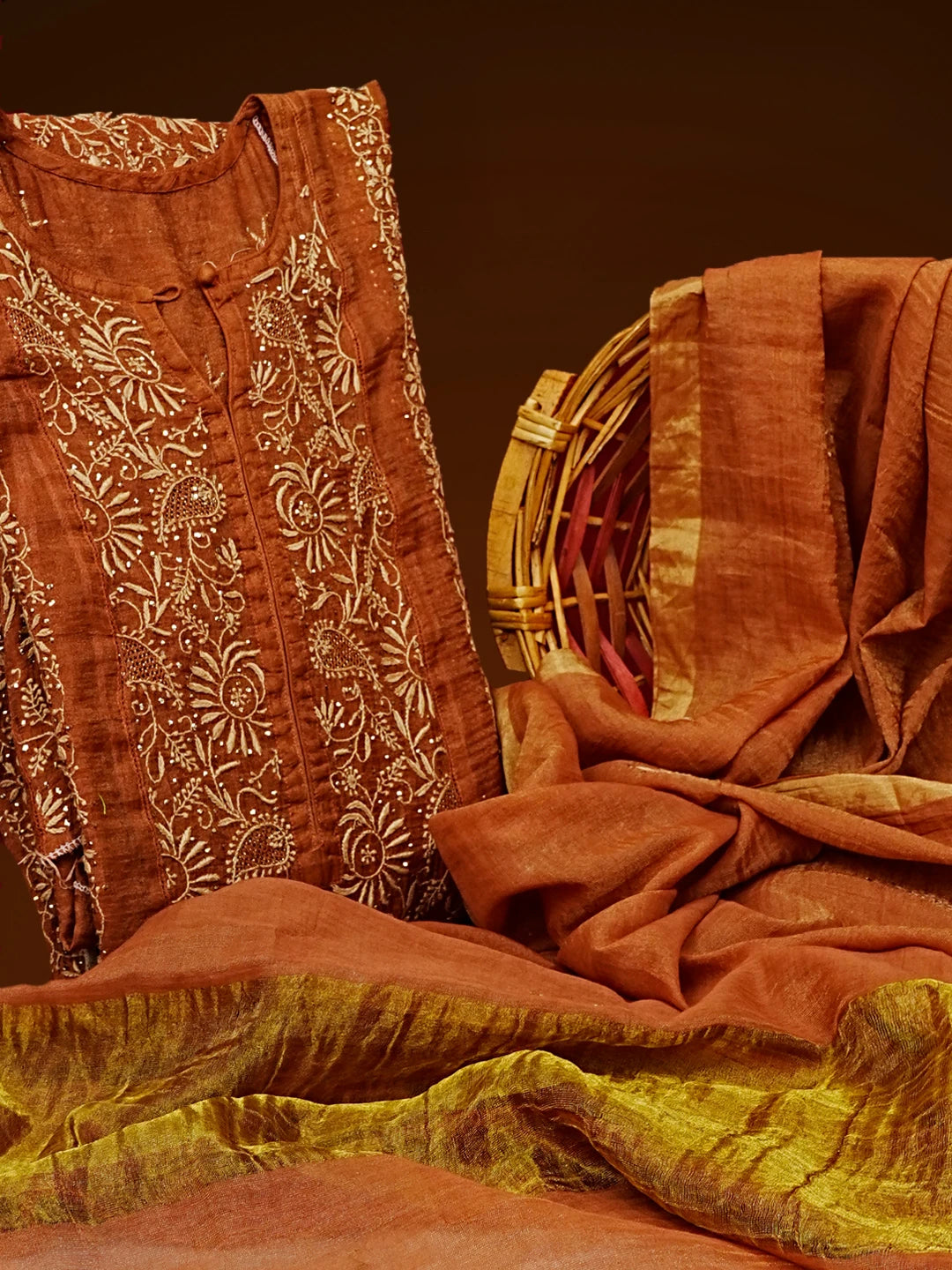 Ada Hand Embroidered Rust Tissue Lucknowi Chikankari Semi-stitched Kurta Dupatta Set 01A447098