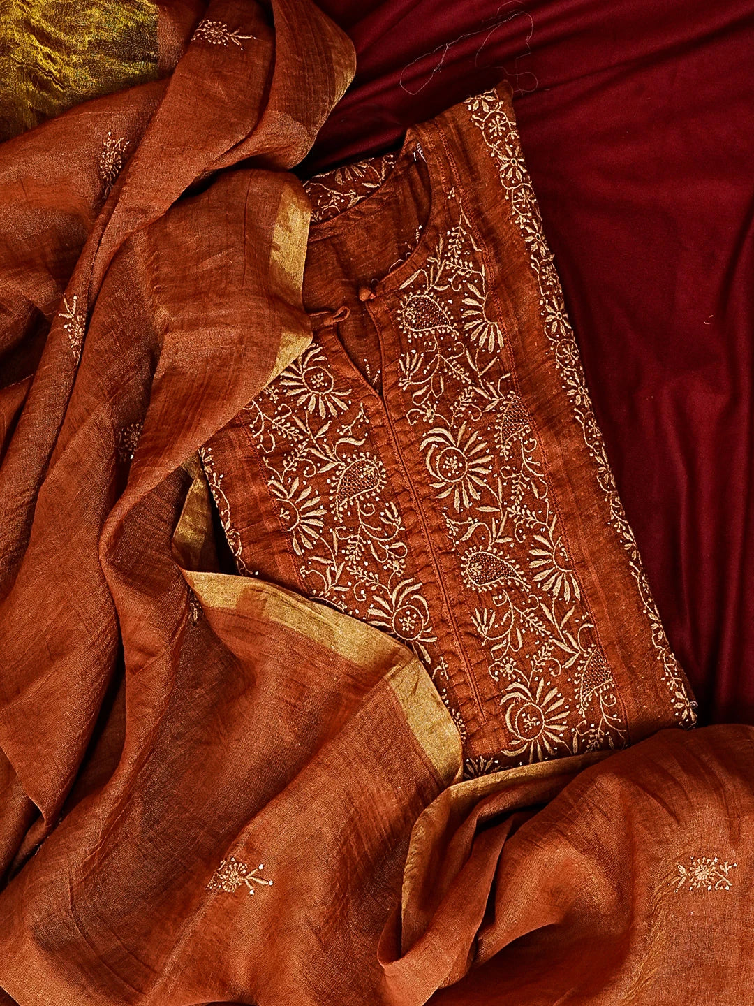 Ada Hand Embroidered Rust Tissue Lucknowi Chikankari Semi-stitched Kurta Dupatta Set 01A447098
