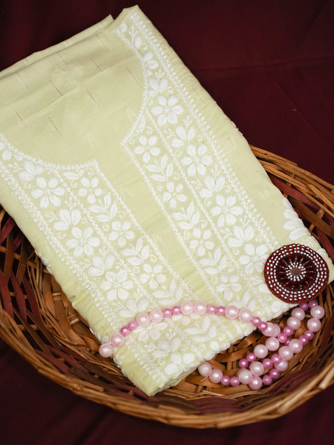 Ada Hand Embroidered Lime Green Cotton lucknowi Chikankari Unstitched Kurta Piece 01A535381