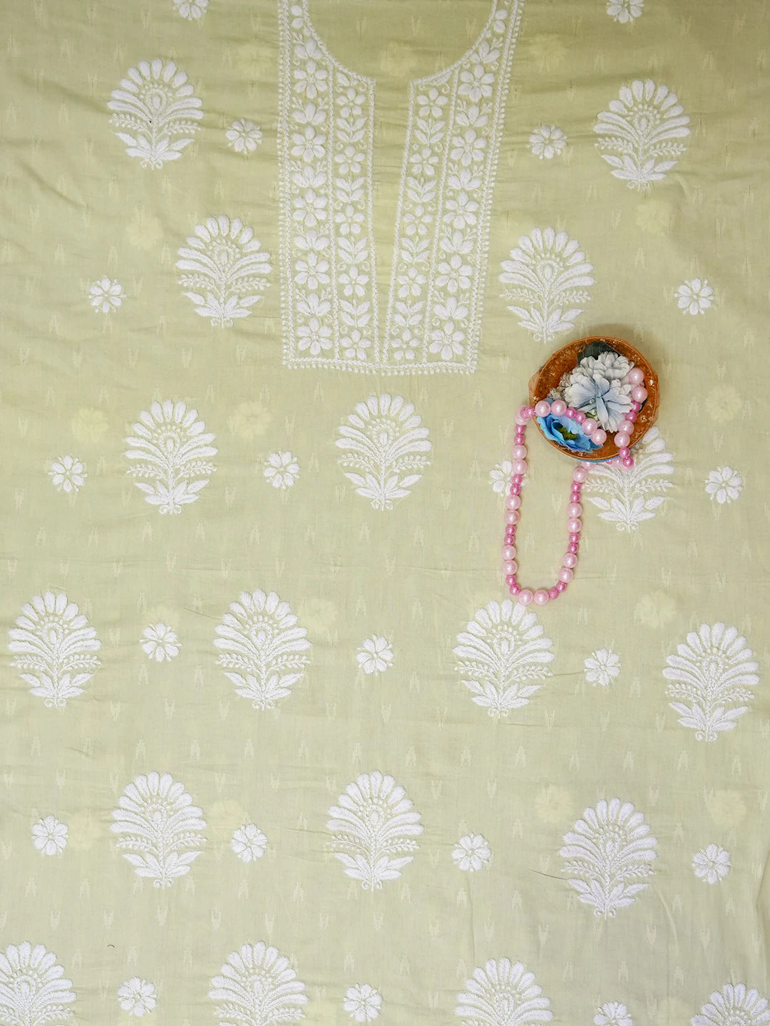 Ada Hand Embroidered Lime Green Cotton lucknowi Chikankari Unstitched Kurta Piece 01A535381