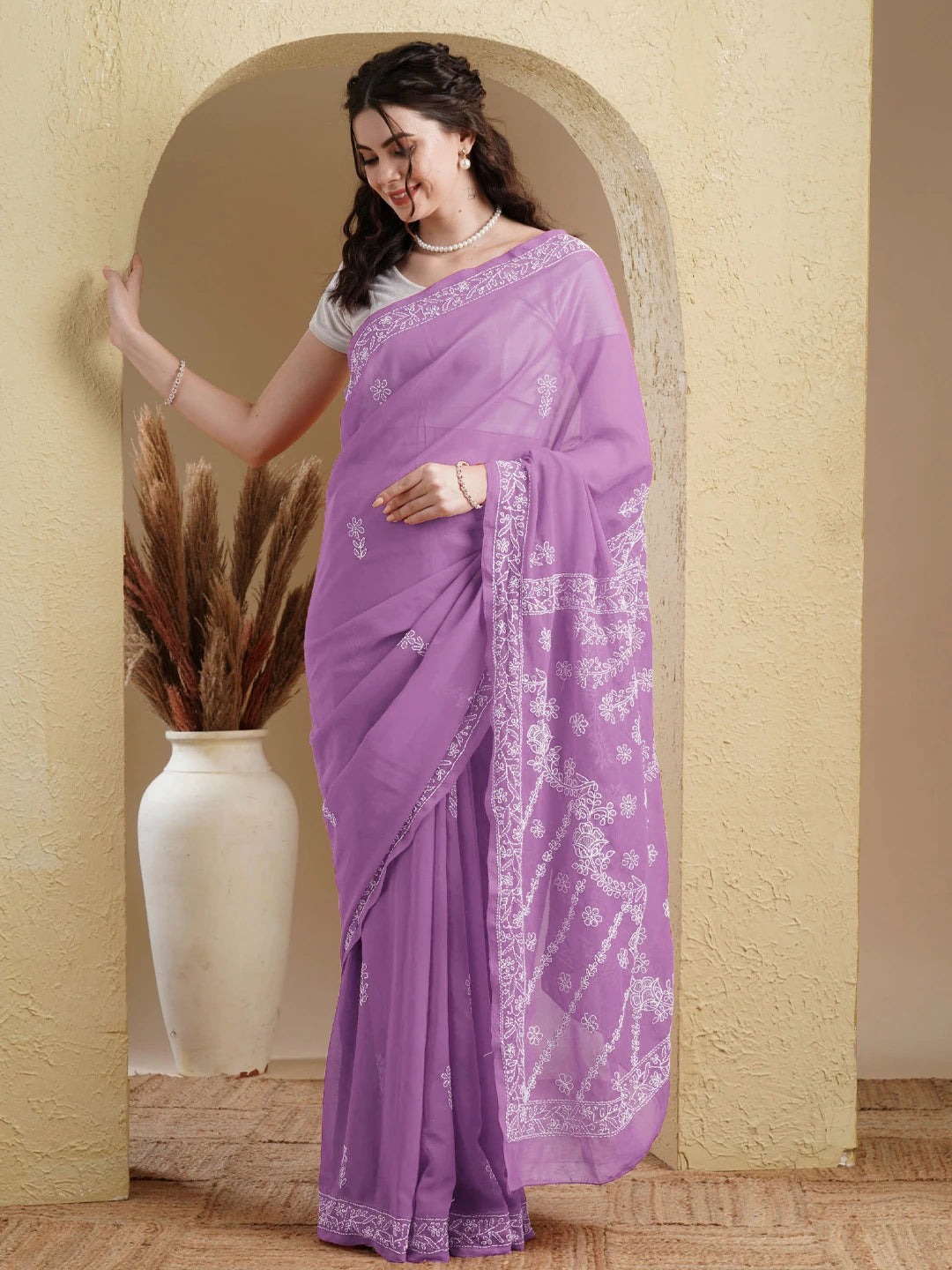 Ada Hand Embroidered Lilac Georgette Lucknow Chikankari Saree With Blouse A183198