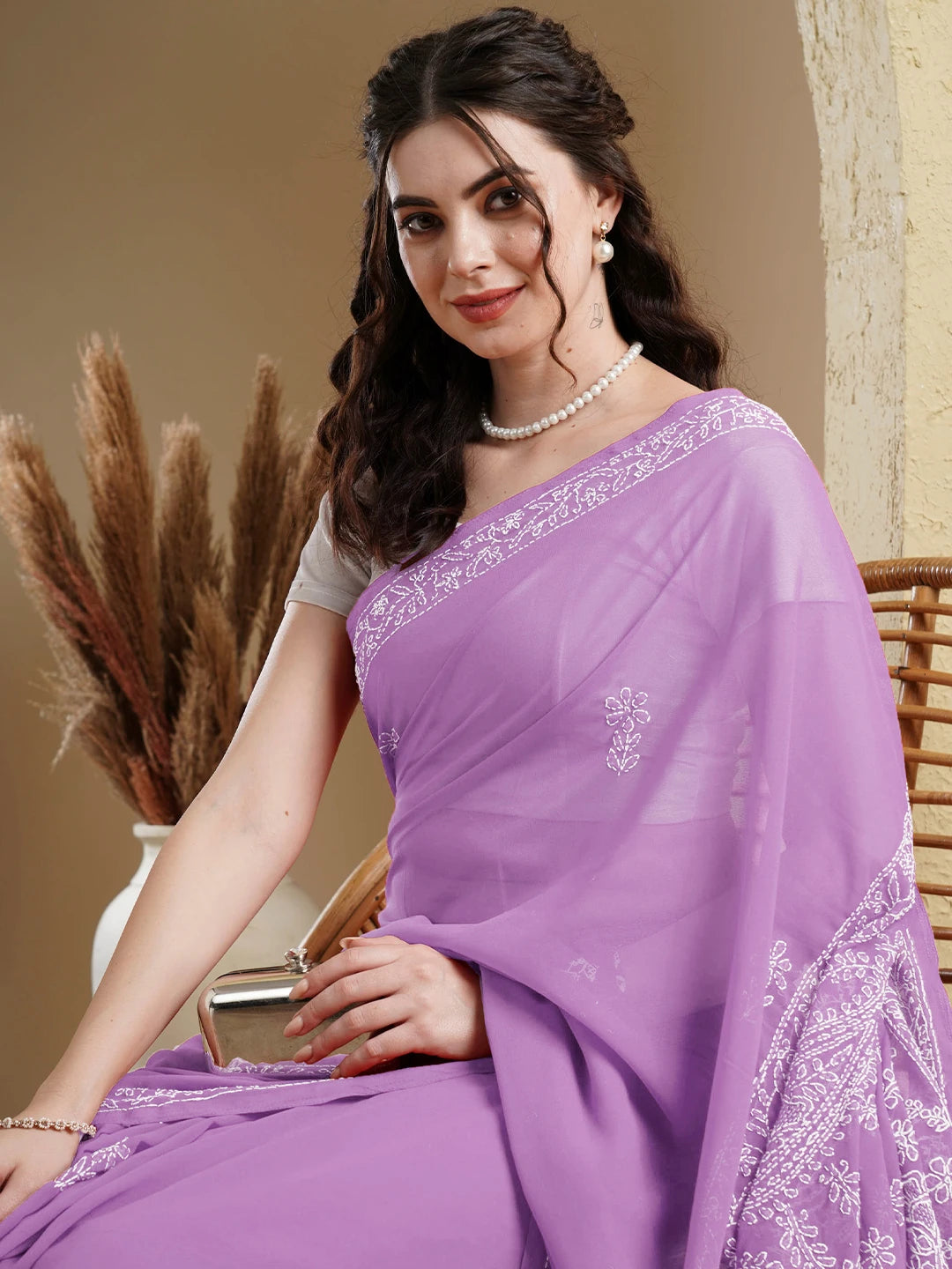 Ada Hand Embroidered Lilac Georgette Lucknow Chikankari Saree With Blouse A183198