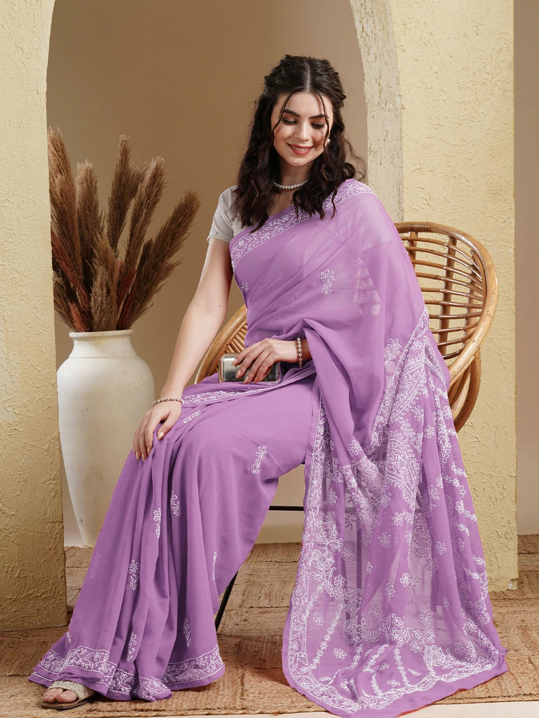 Ada Hand Embroidered Lilac Georgette Lucknow Chikankari Saree With Blouse A183198