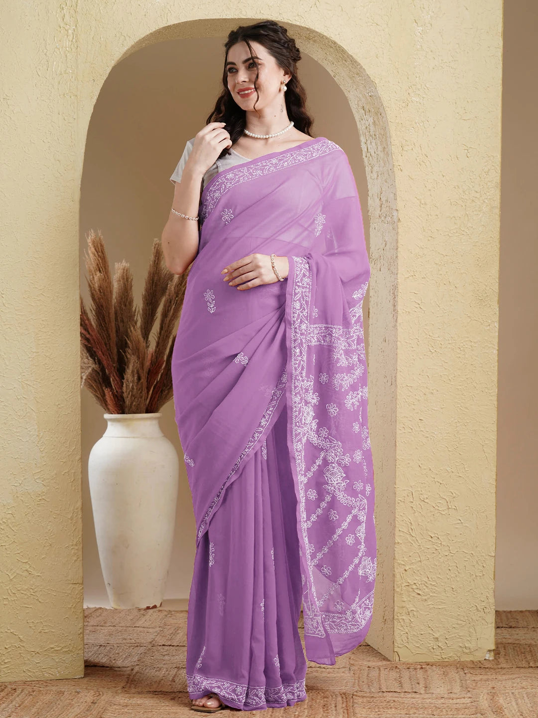 Ada Hand Embroidered Lilac Georgette Lucknow Chikankari Saree With Blouse A183198