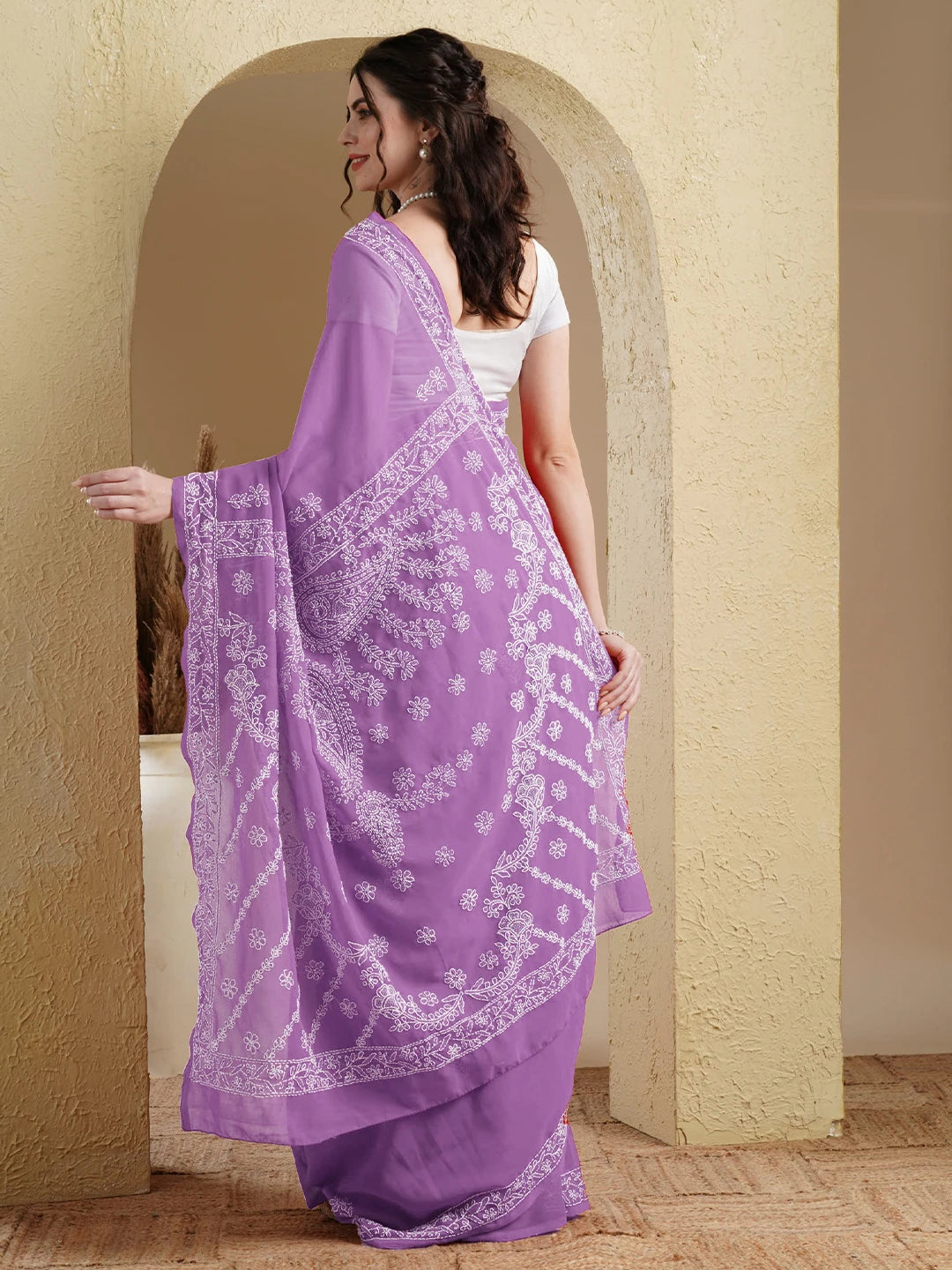 Ada Hand Embroidered Lilac Georgette Lucknow Chikankari Saree With Blouse A183198