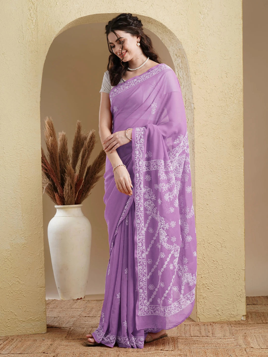 Ada Hand Embroidered Lilac Georgette Lucknow Chikankari Saree With Blouse A183198