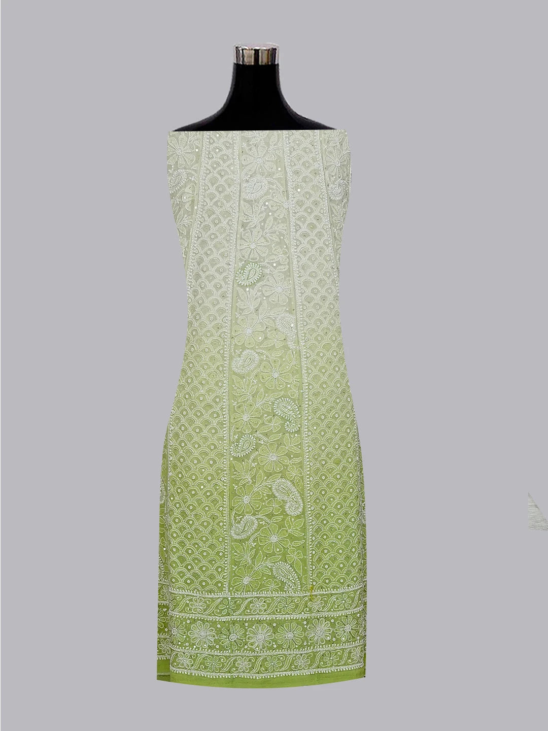 Ada Hand Embroidered Lime Green Pure Georgette Lucknowi Chikankari Semi-Stitched Anarkali Kurta Dupatta Set With Sequinned Work 01A363881