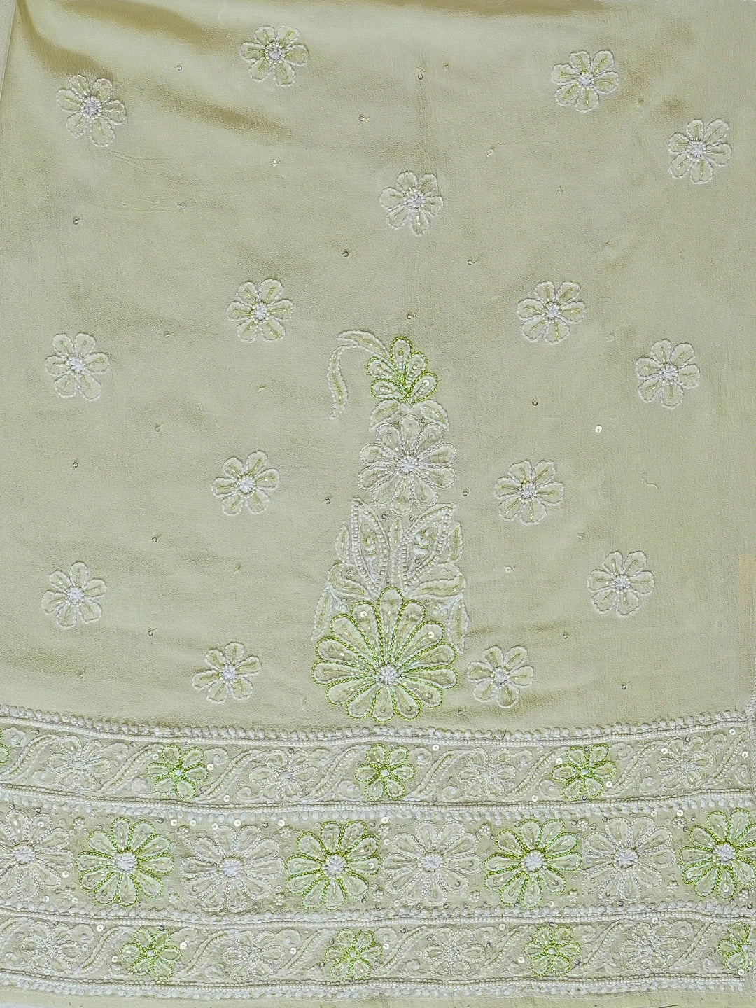 Ada Hand Embroidered Lime Green Pure Georgette Lucknowi Chikankari Semi-Stitched Anarkali Kurta Dupatta Set With Sequinned Work 01A363881