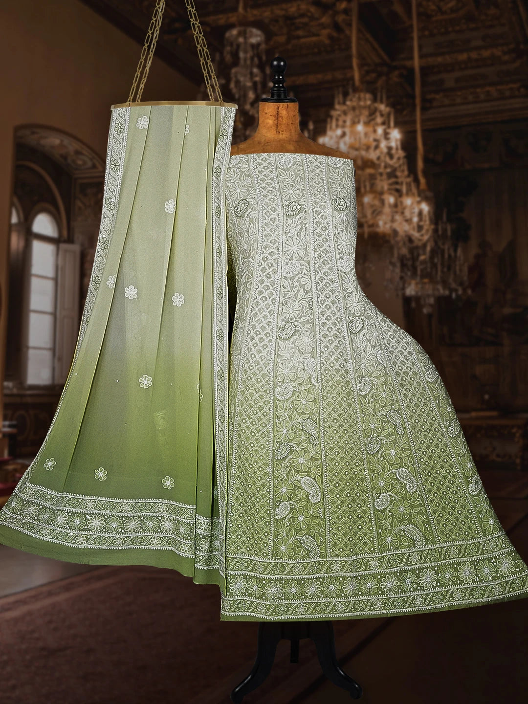 Ada Hand Embroidered Lime Green Pure Georgette Lucknowi Chikankari Semi-Stitched Anarkali Kurta Dupatta Set With Sequinned Work 01A363881