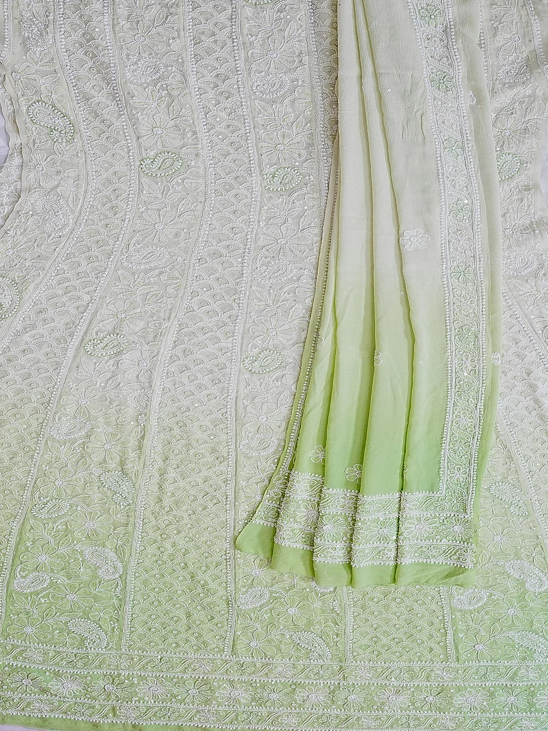 Ada Hand Embroidered Lime Green Pure Georgette Lucknowi Chikankari Semi-Stitched Anarkali Kurta Dupatta Set With Sequinned Work 01A363881