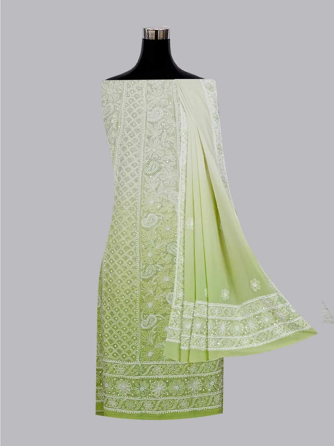 Ada Hand Embroidered Lime Green Pure Georgette Lucknowi Chikankari Semi-Stitched Anarkali Kurta Dupatta Set With Sequinned Work 01A363881