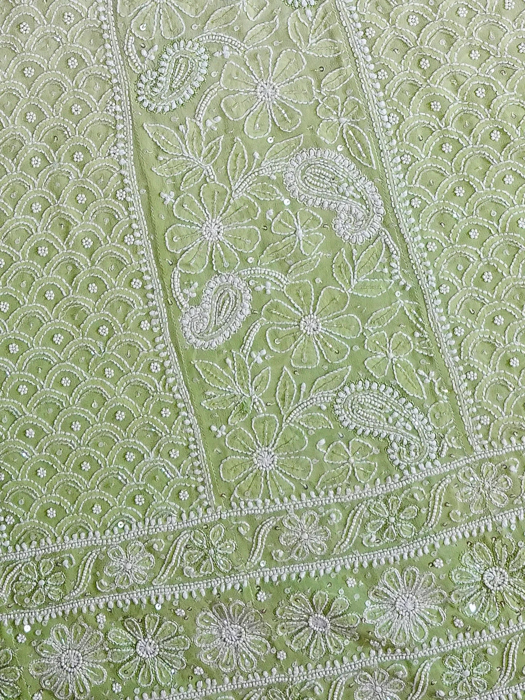 Ada Hand Embroidered Lime Green Pure Georgette Lucknowi Chikankari Semi-Stitched Anarkali Kurta Dupatta Set With Sequinned Work 01A363881