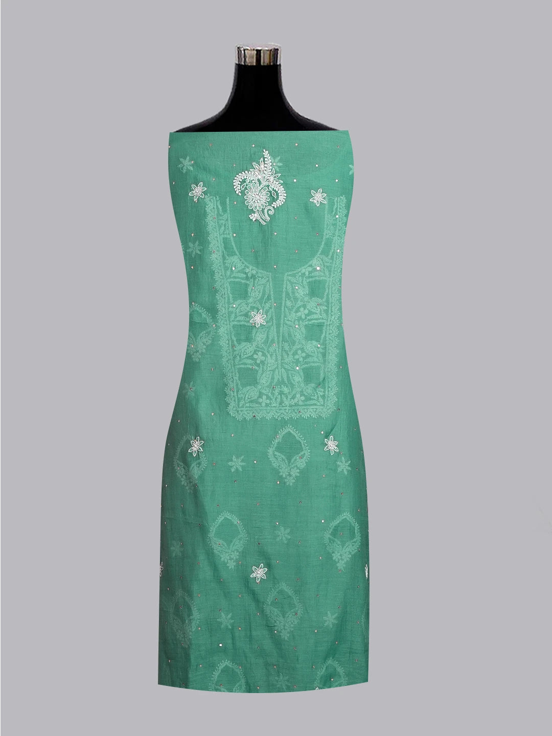 Ada Hand Embroidered Teal Green Chanderi Lucknowi Chikankari Unstitched Kurta Dupatta Set With Sequinned Work 01A521260