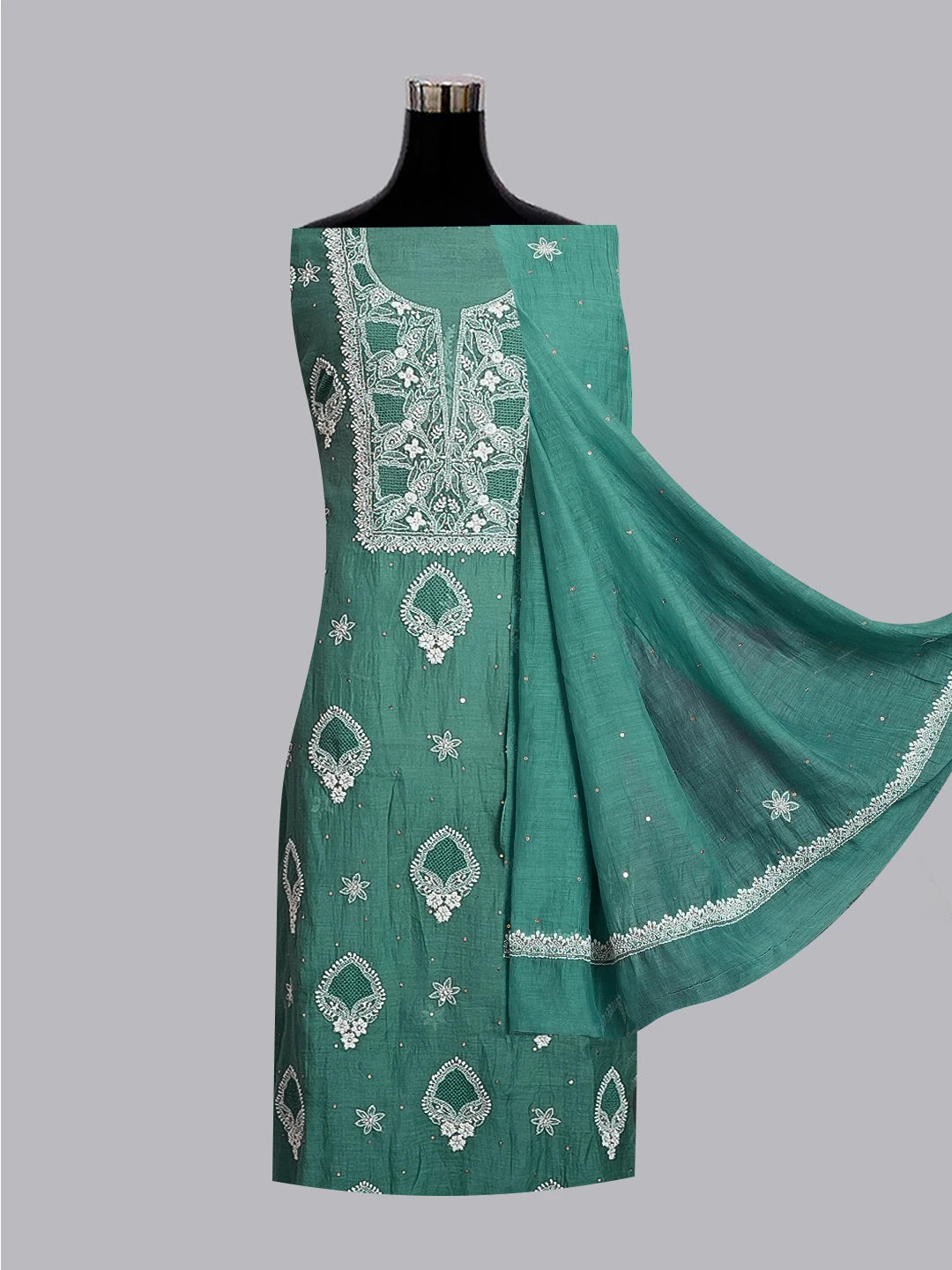 Ada Hand Embroidered Teal Green Chanderi Lucknowi Chikankari Unstitched Kurta Dupatta Set With Sequinned Work 01A521260