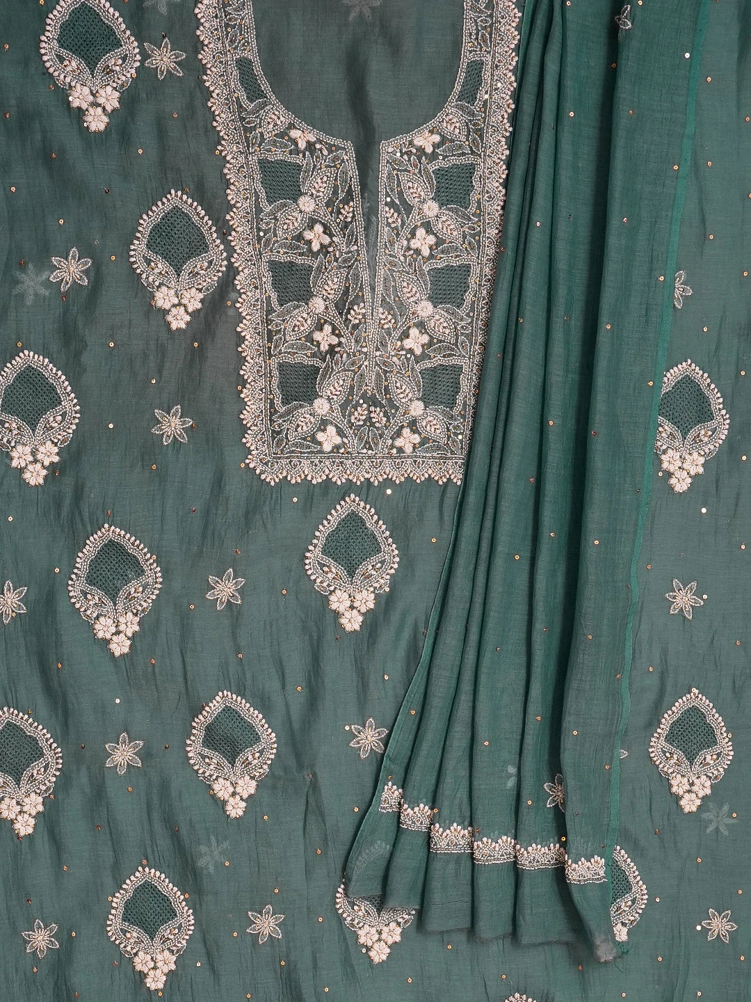 Ada Hand Embroidered Teal Green Chanderi Lucknowi Chikankari Unstitched Kurta Dupatta Set With Sequinned Work 01A521260