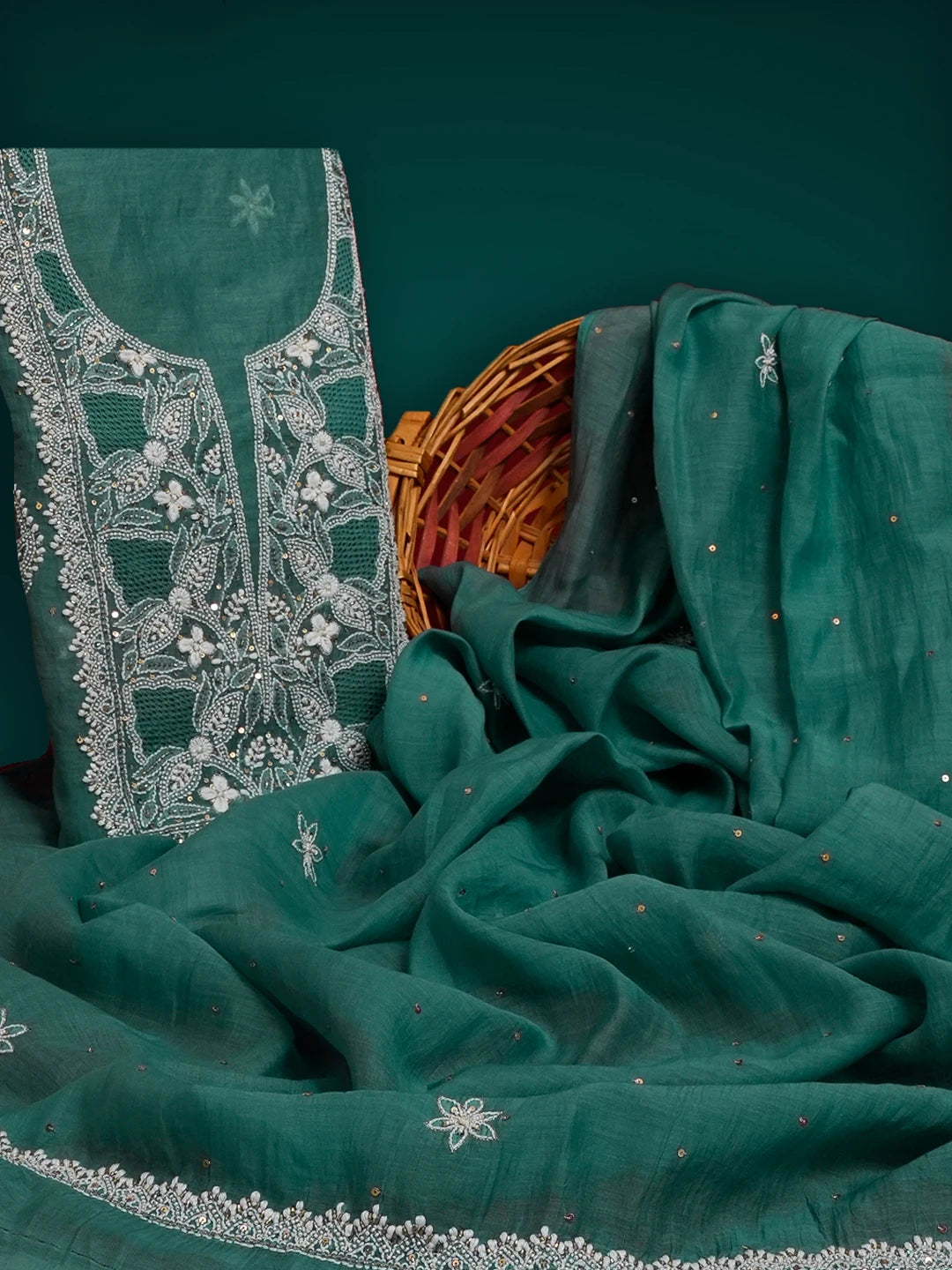 Ada Hand Embroidered Teal Green Chanderi Lucknowi Chikankari Unstitched Kurta Dupatta Set With Sequinned Work 01A521260