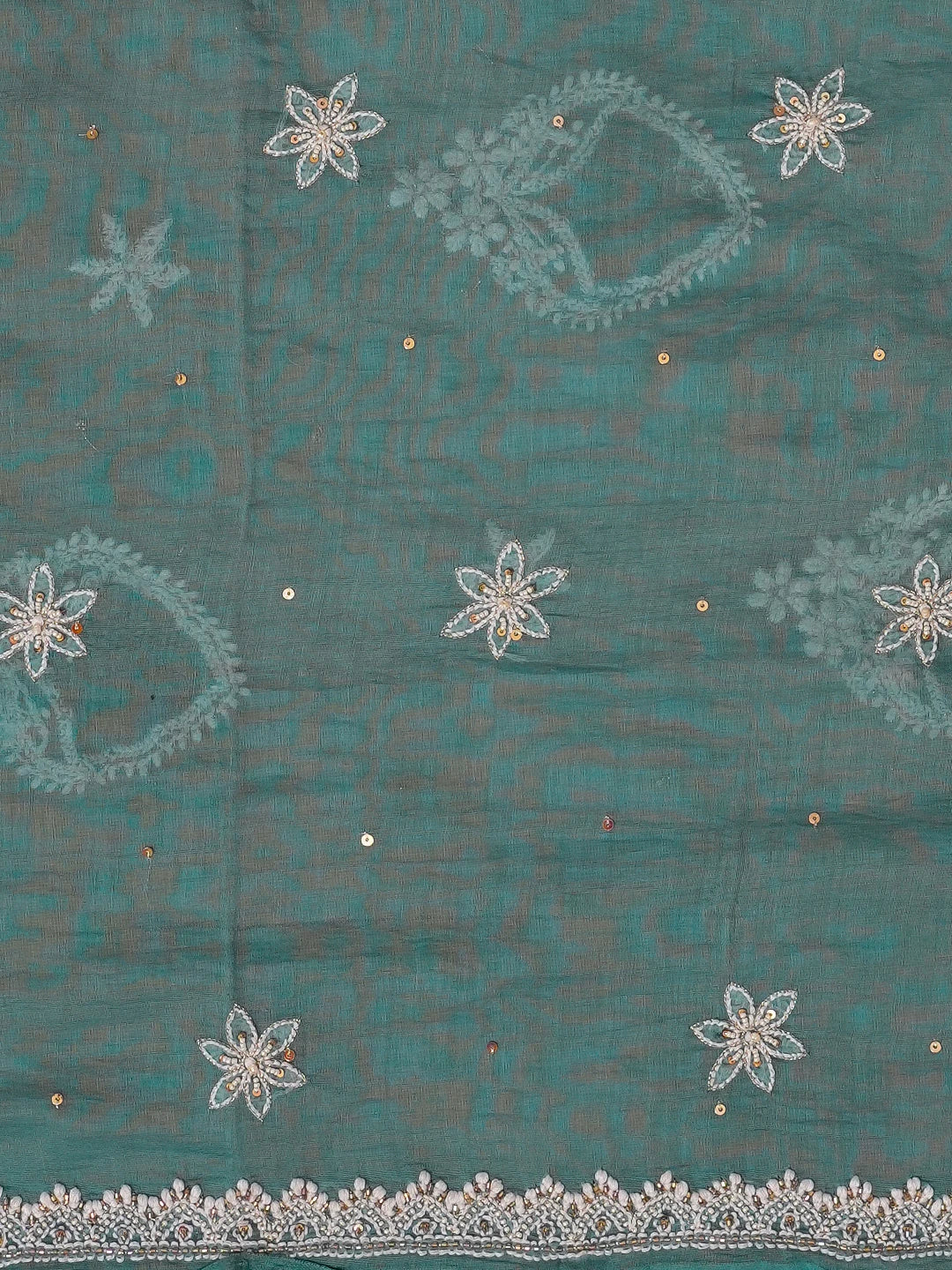 Ada Hand Embroidered Teal Green Chanderi Lucknowi Chikankari Unstitched Kurta Dupatta Set With Sequinned Work 01A521260