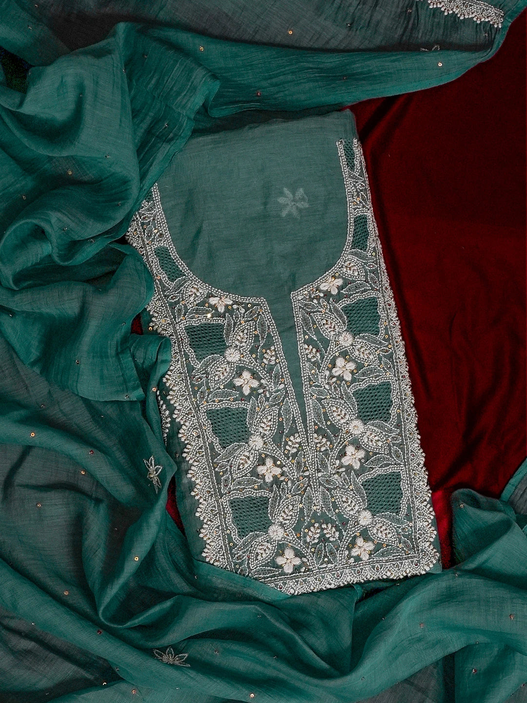 Ada Hand Embroidered Teal Green Chanderi Lucknowi Chikankari Unstitched Kurta Dupatta Set With Sequinned Work 01A521260