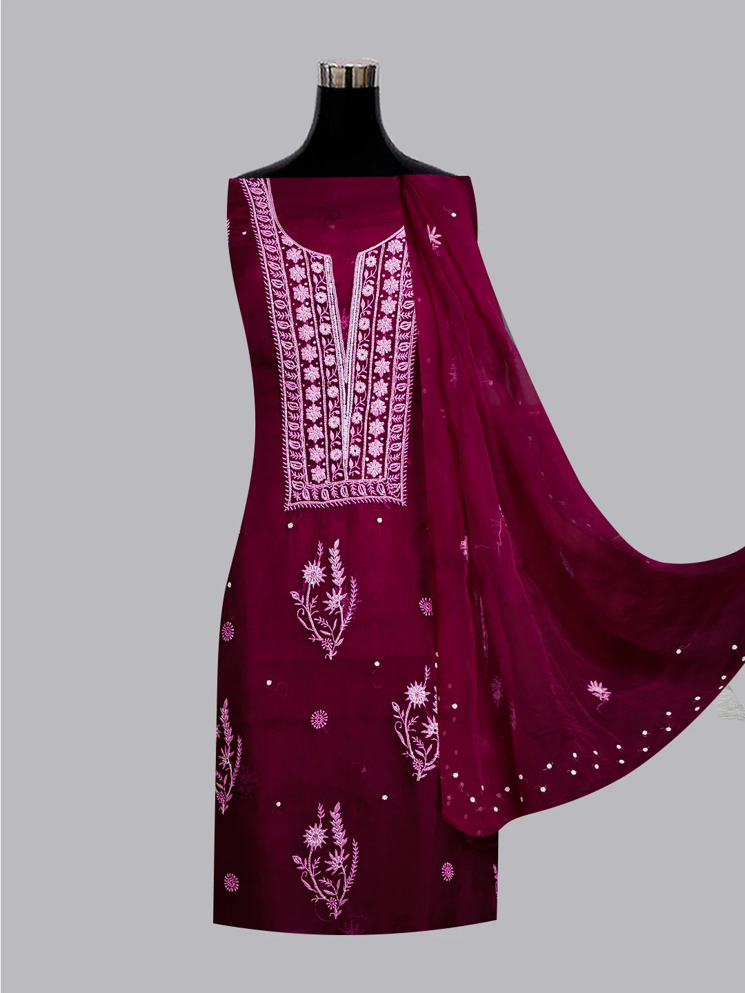 Ada Hand Embroidered Wine Organza Lucknowi Chikankari Unstitched Kurta Dupatta Set With Pearl Work 01A501605
