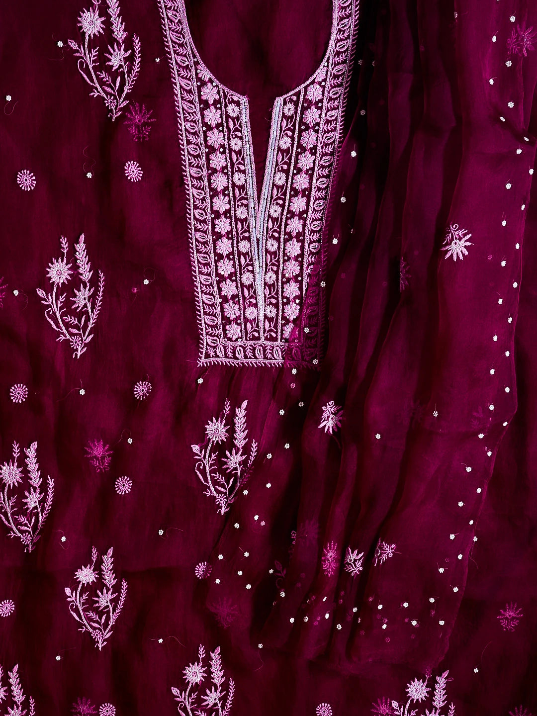 Ada Hand Embroidered Wine Organza Lucknowi Chikankari Unstitched Kurta Dupatta Set With Pearl Work 01A501605