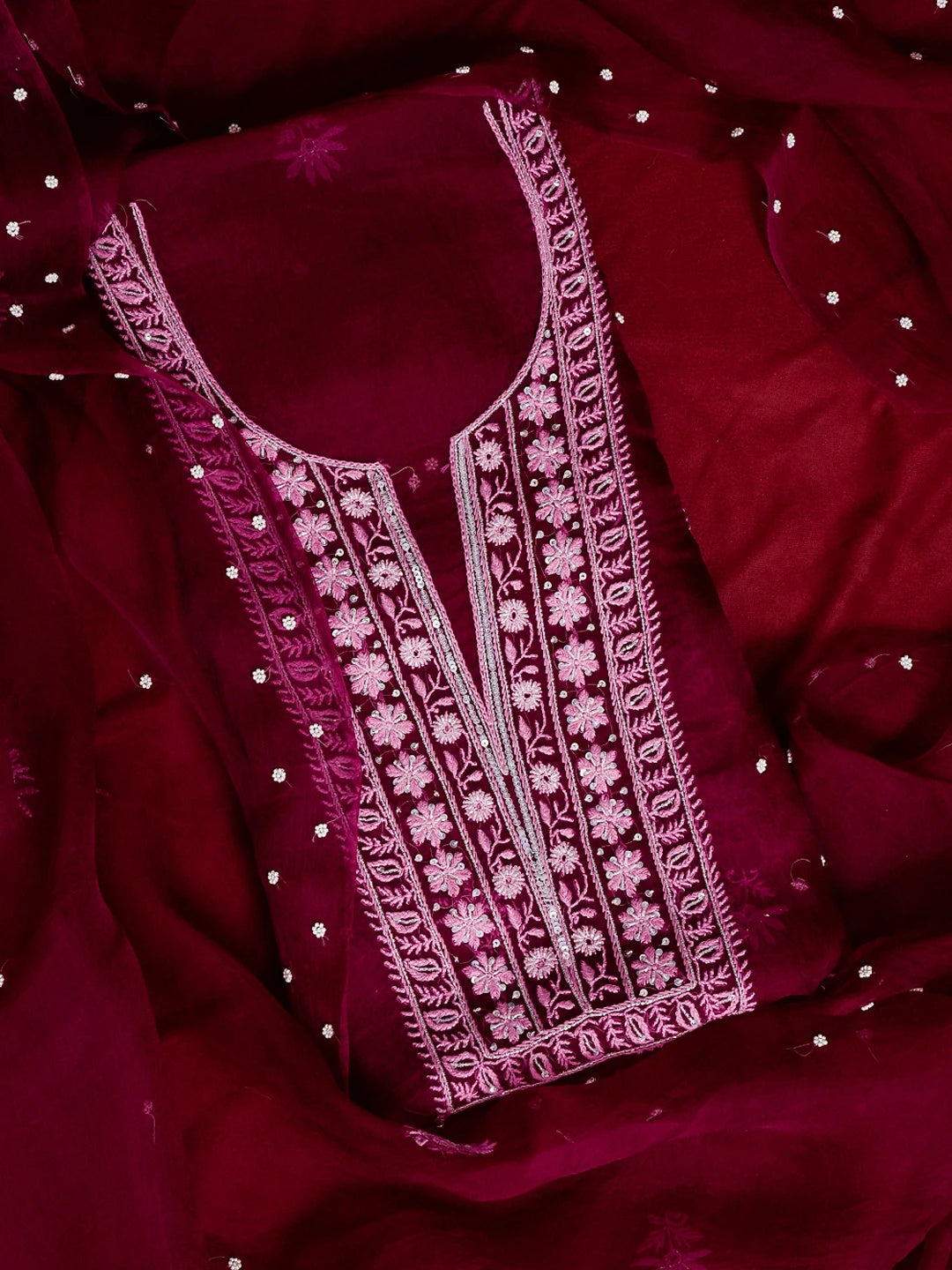 Ada Hand Embroidered Wine Organza Lucknowi Chikankari Unstitched Kurta Dupatta Set With Pearl Work 01A501605