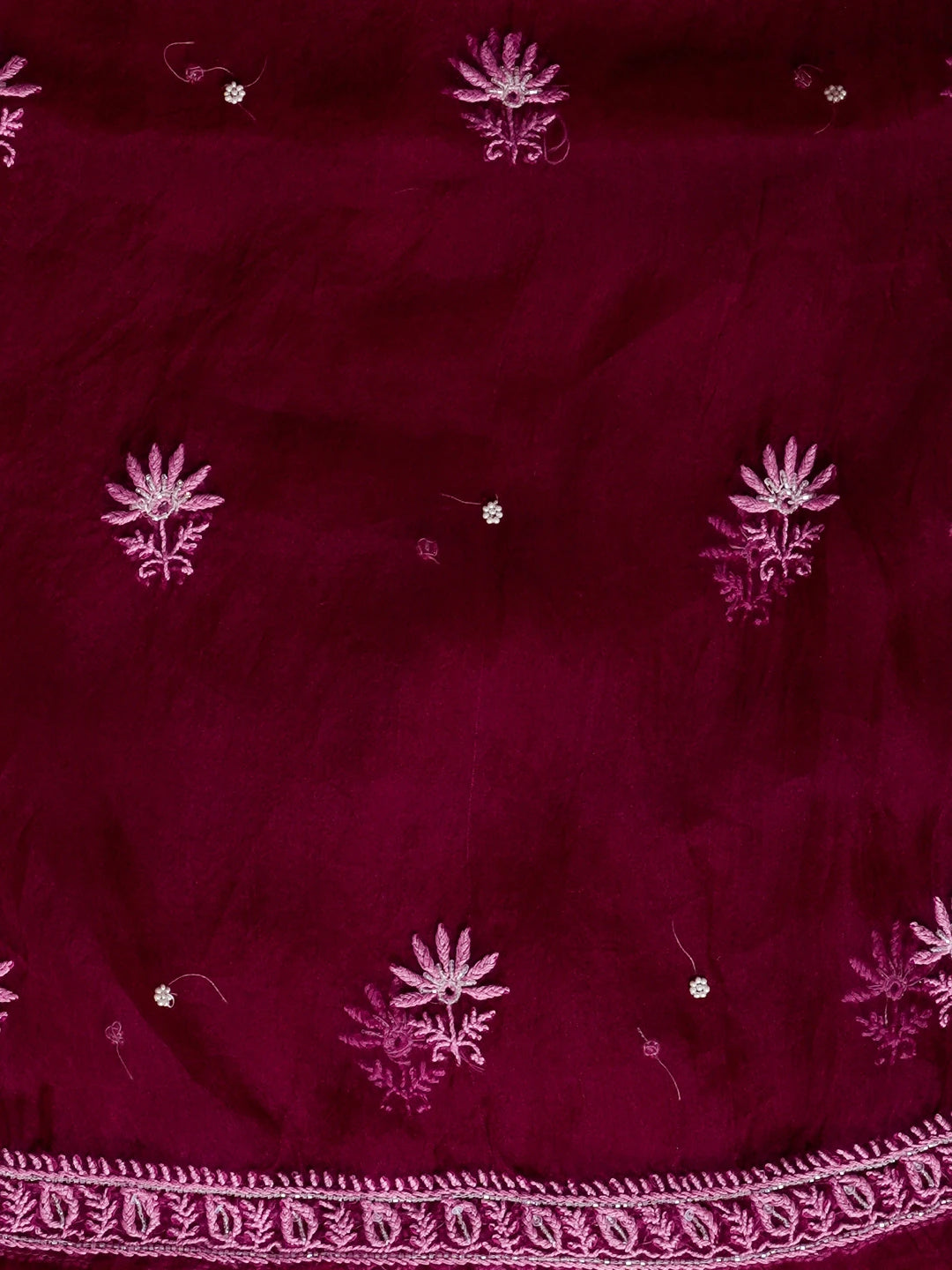 Ada Hand Embroidered Wine Organza Lucknowi Chikankari Unstitched Kurta Dupatta Set With Pearl Work 01A501605