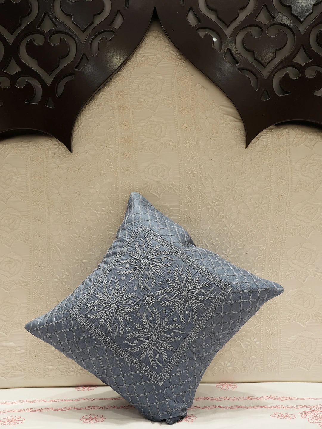 Ada Hand Embroidered Grey Silk Lucknowi Chikankari Cushion Cover 01A151355