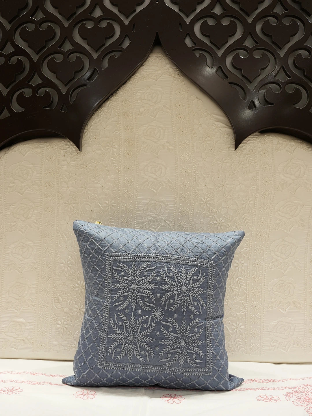 Ada Hand Embroidered Grey Silk Lucknowi Chikankari Cushion Cover 01A151355