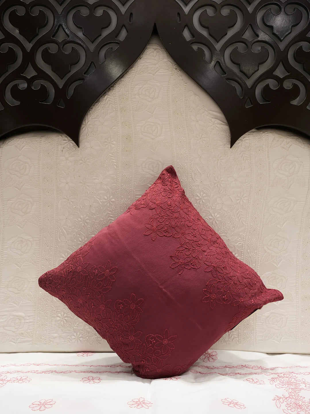 Ada Hand Embroidered Maroon Chanderi Lucknowi Chikankari Cushion Cover 01A449821