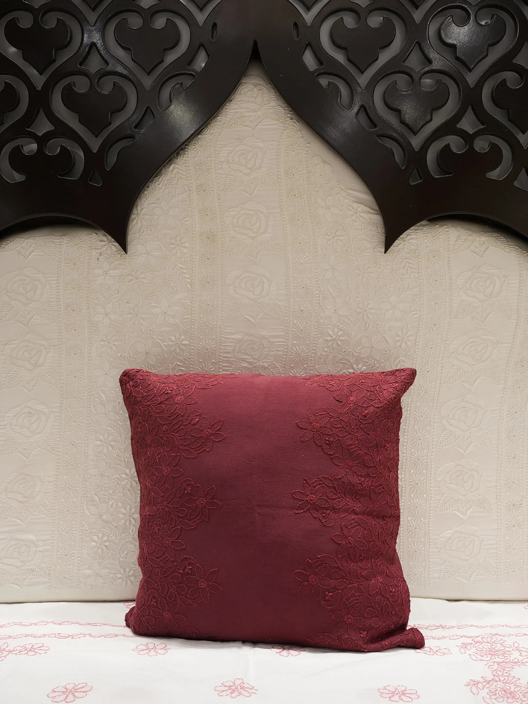 Ada Hand Embroidered Maroon Chanderi Lucknowi Chikankari Cushion Cover 01A449821
