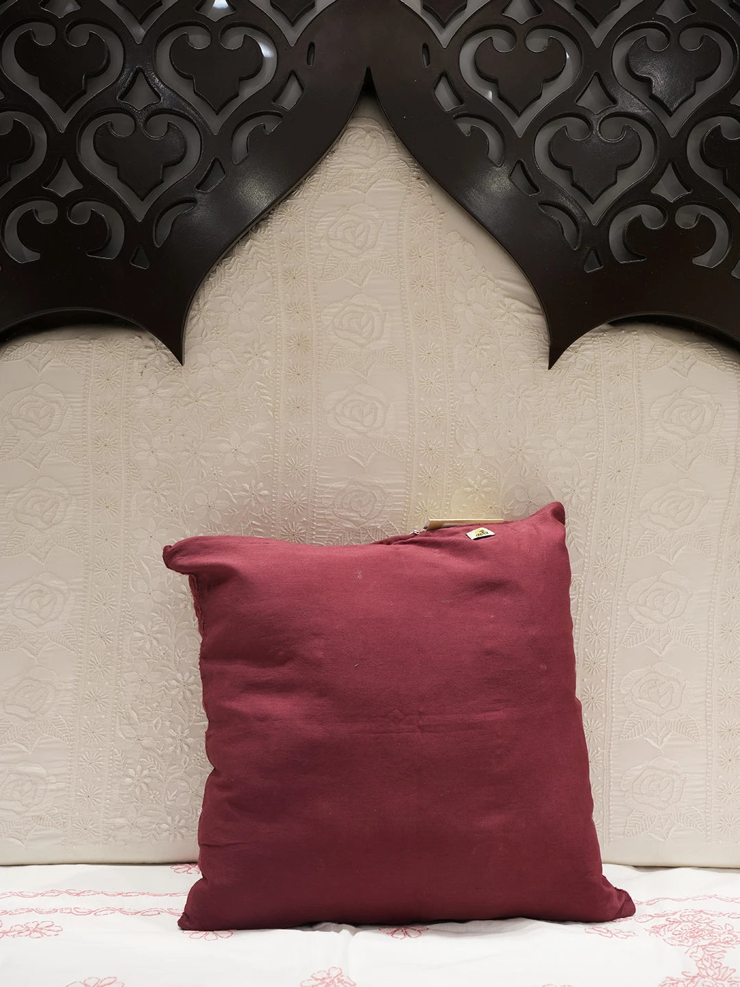 Ada Hand Embroidered Maroon Chanderi Lucknowi Chikankari Cushion Cover 01A449821