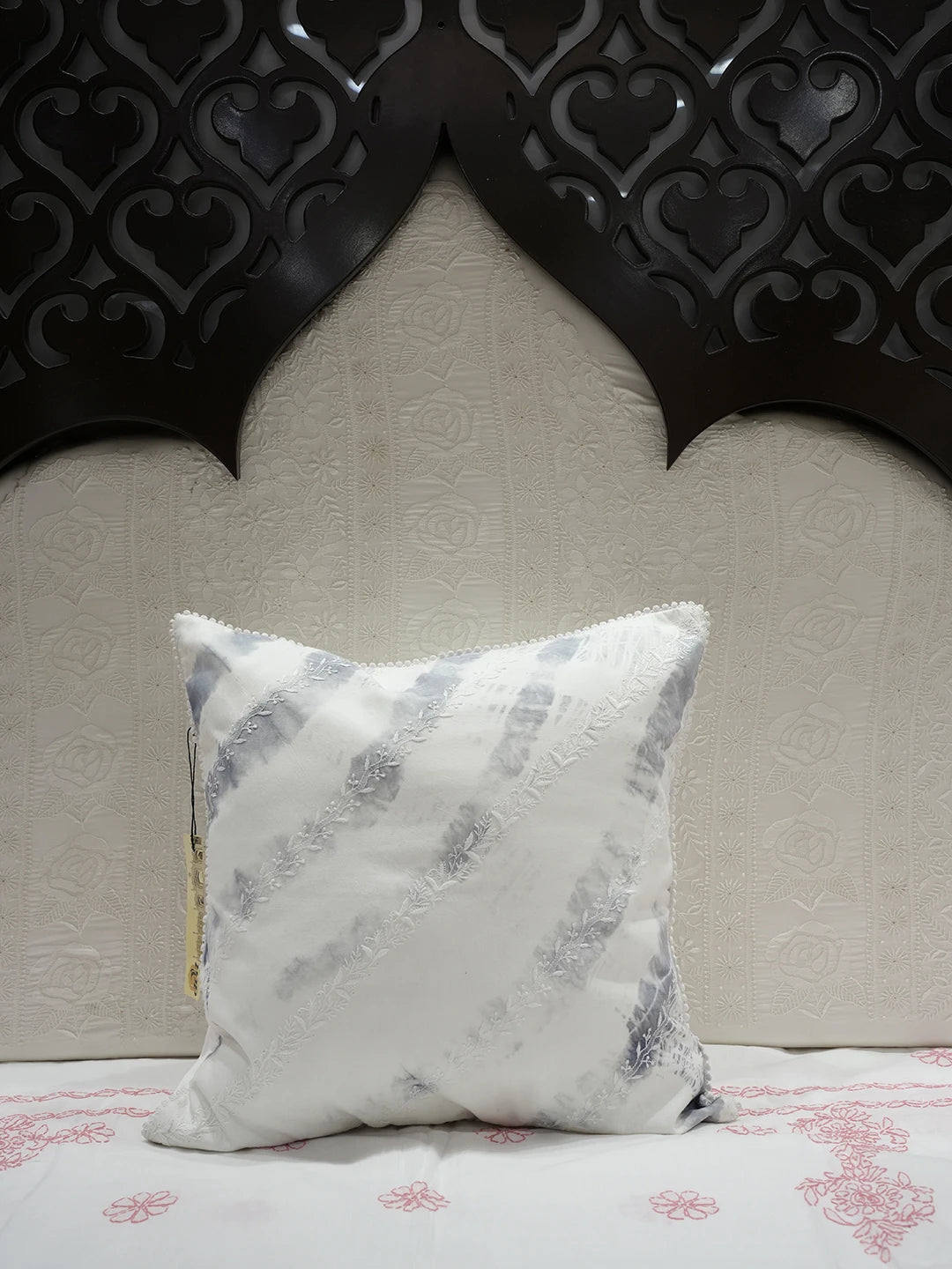 Ada Hand Embroidered White Cotton Lucknowi Chikankari Cushion Cover 01A255025