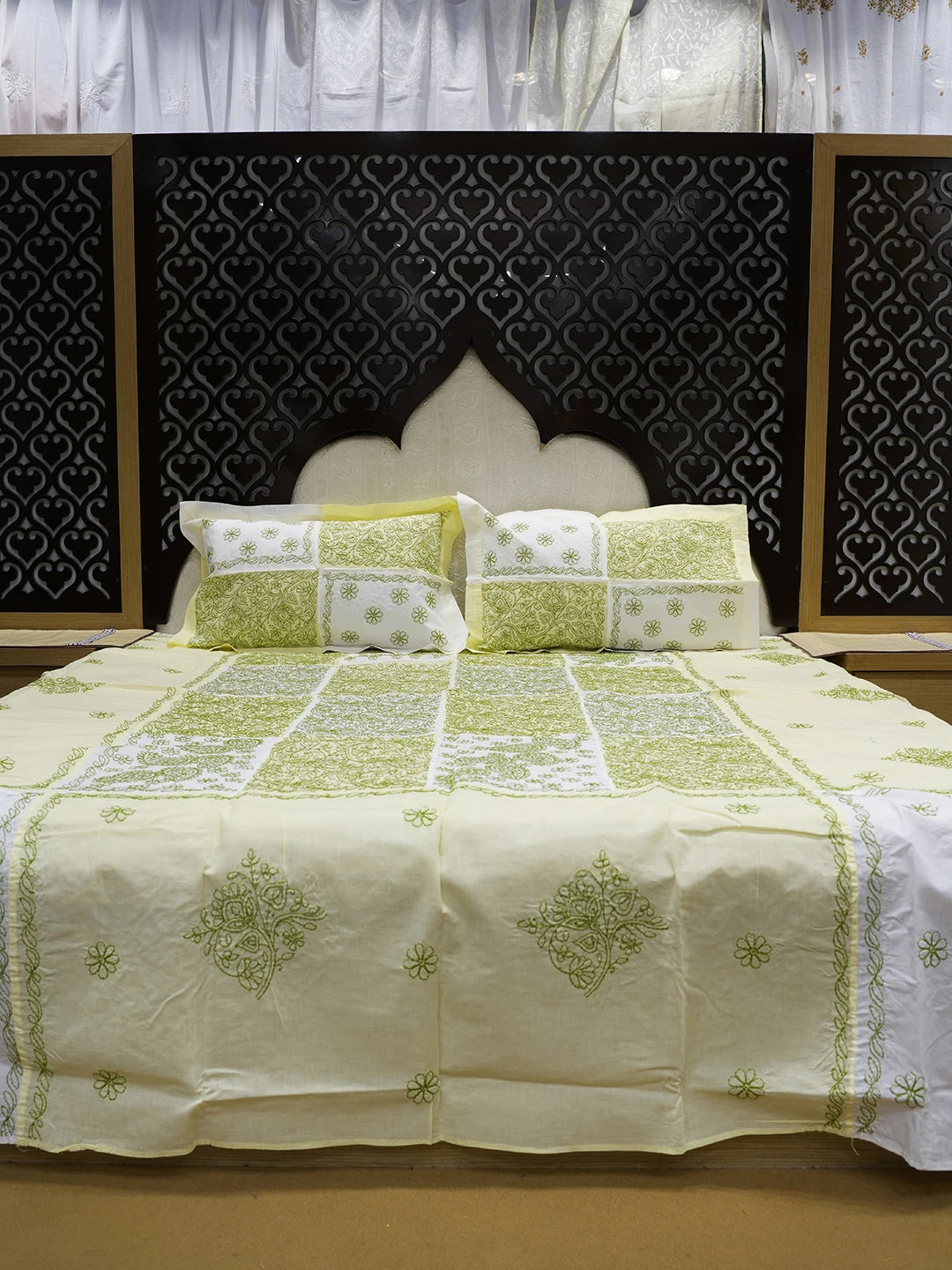Ada Hand Embroidered White And Lime Green Cotton Lucknowi Chikankari Bed Sheet With Pillow Cover Set 01A535282