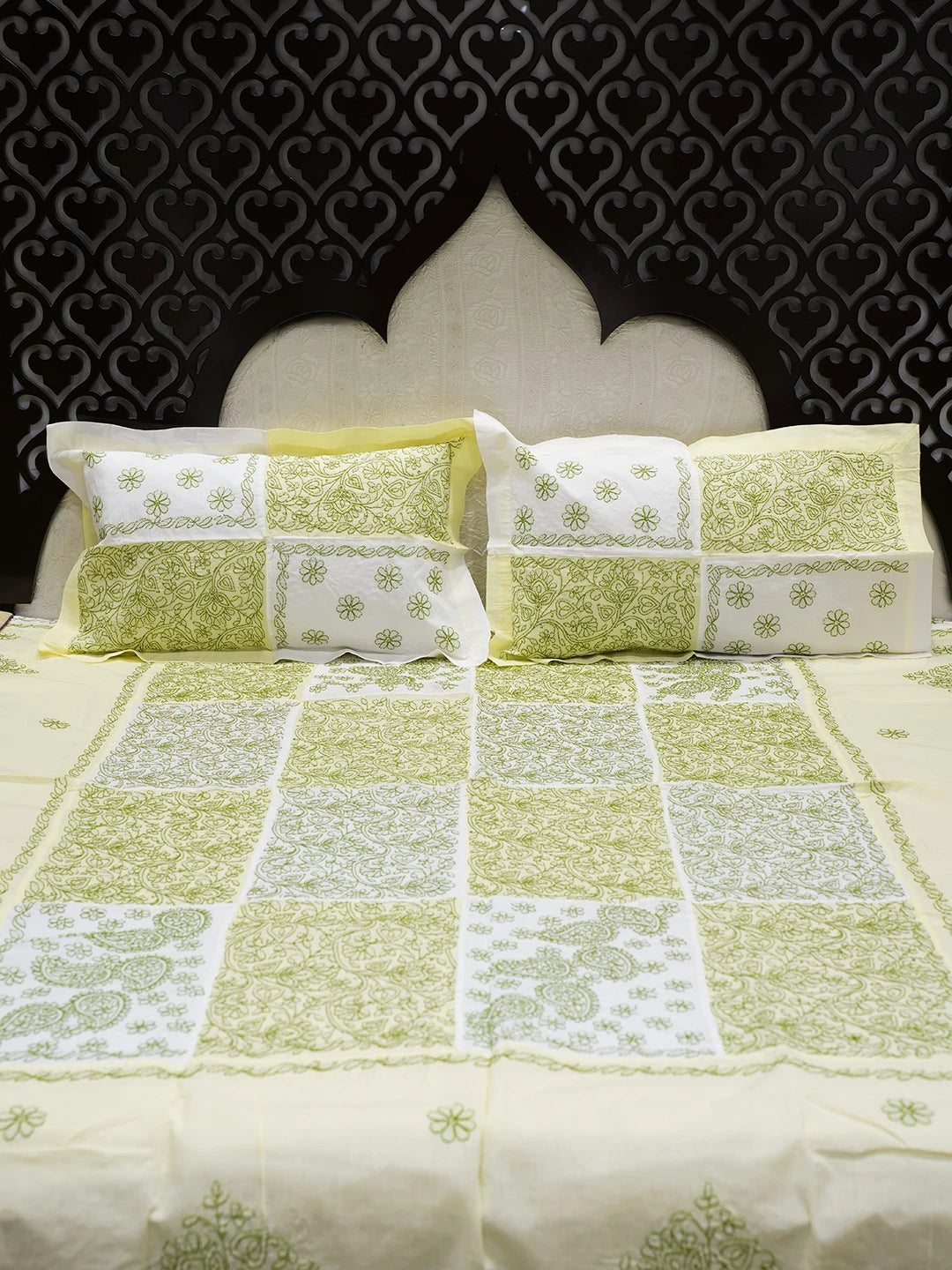 Ada Hand Embroidered White And Lime Green Cotton Lucknowi Chikankari Bed Sheet With Pillow Cover Set 01A535282