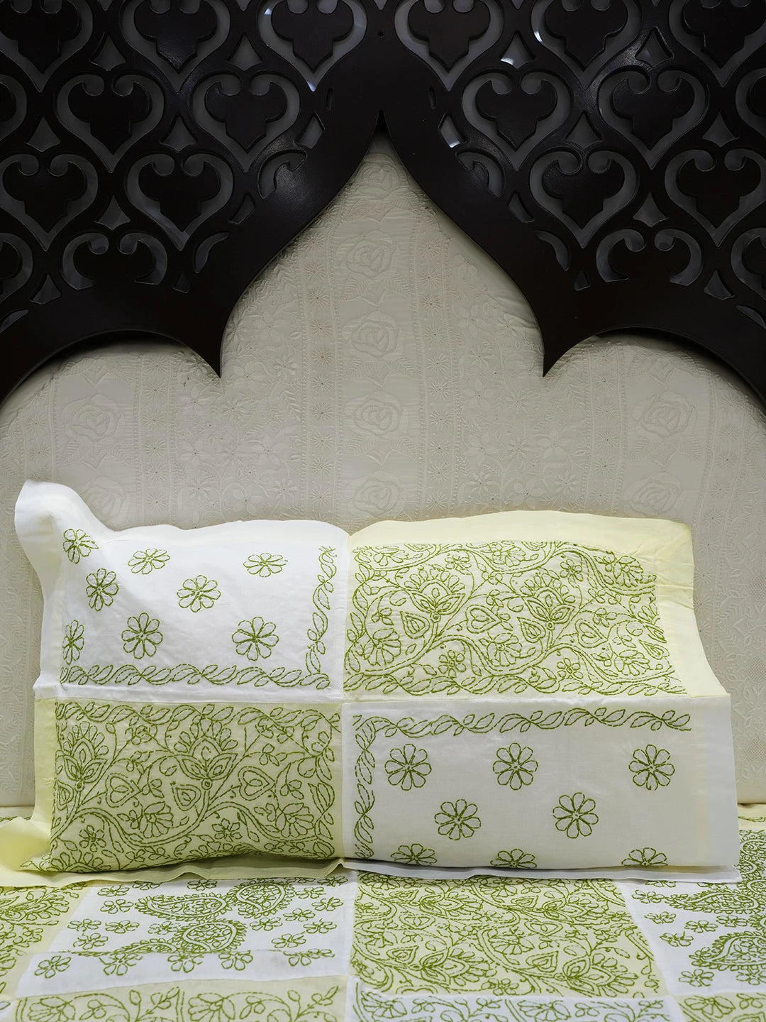 Ada Hand Embroidered White And Lime Green Cotton Lucknowi Chikankari Bed Sheet With Pillow Cover Set 01A535282